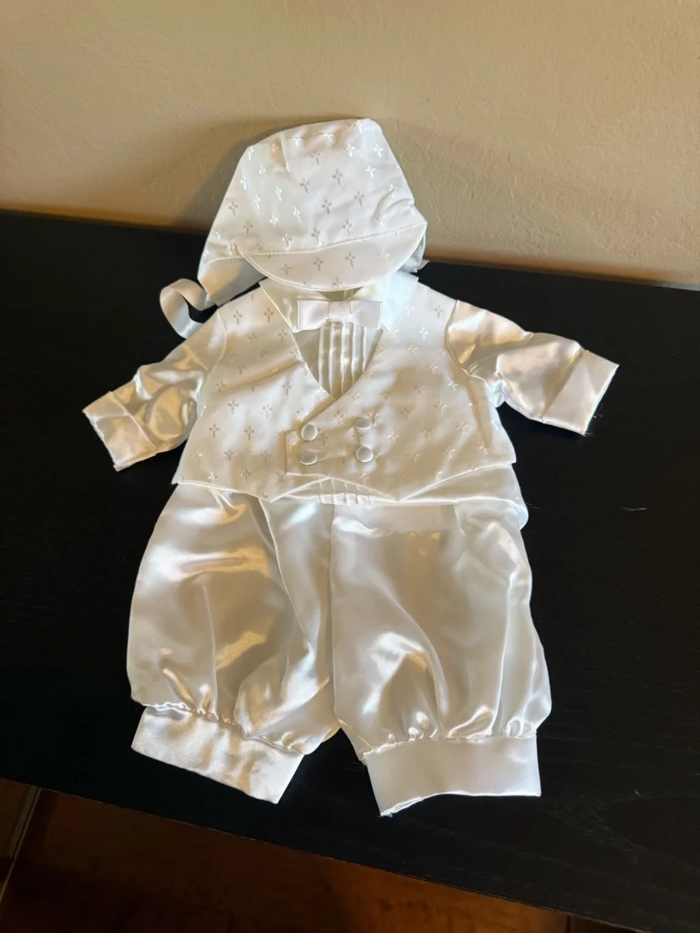 Vtg Baby Boy Christening Baptism Tuxedo Set White Satin Cross Embroidery  6-9M